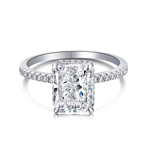 4CT radiant cut Kira ring in sterling silver on white background