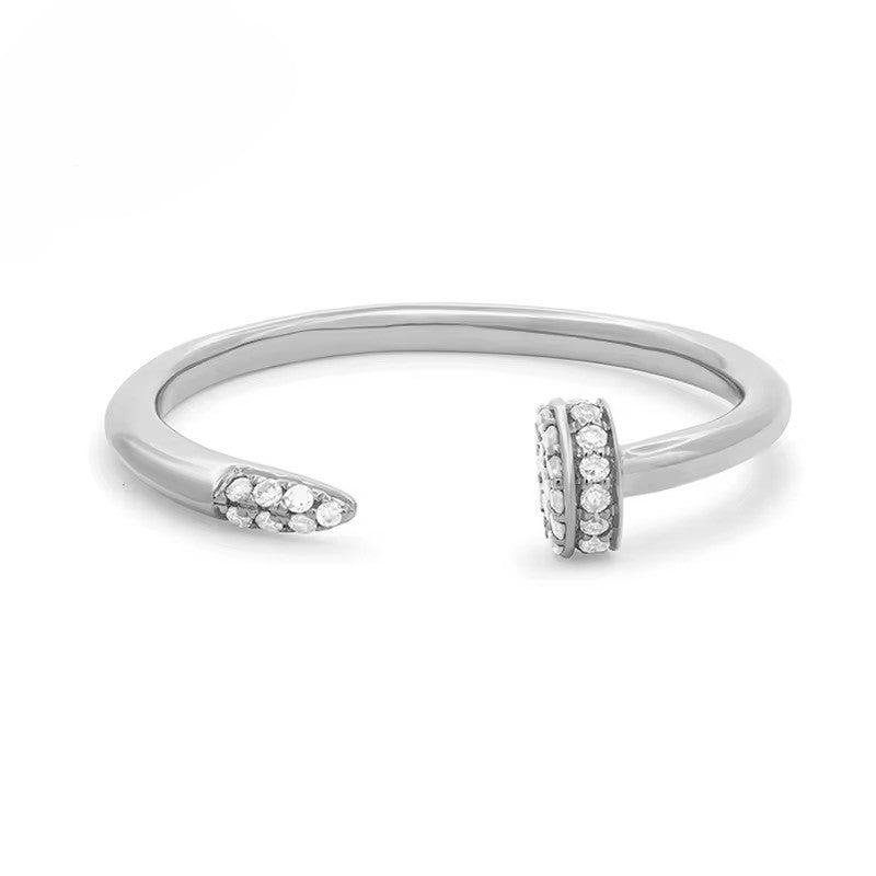 Zaria Ring in rhodium plated sterling silver, adjustable open wrap design with sparkling cubic zirconia ends.