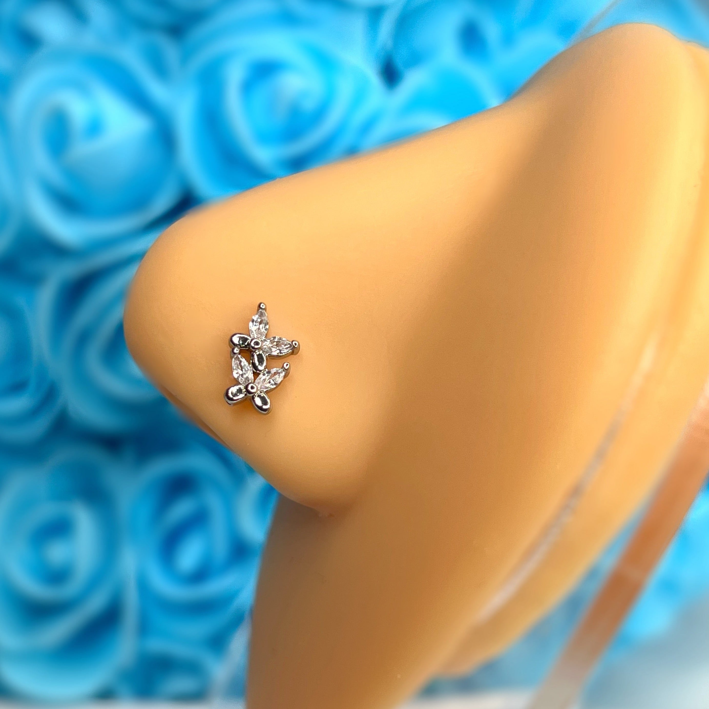 DOUBLE BUTTERFLY L BEND NOSE RING