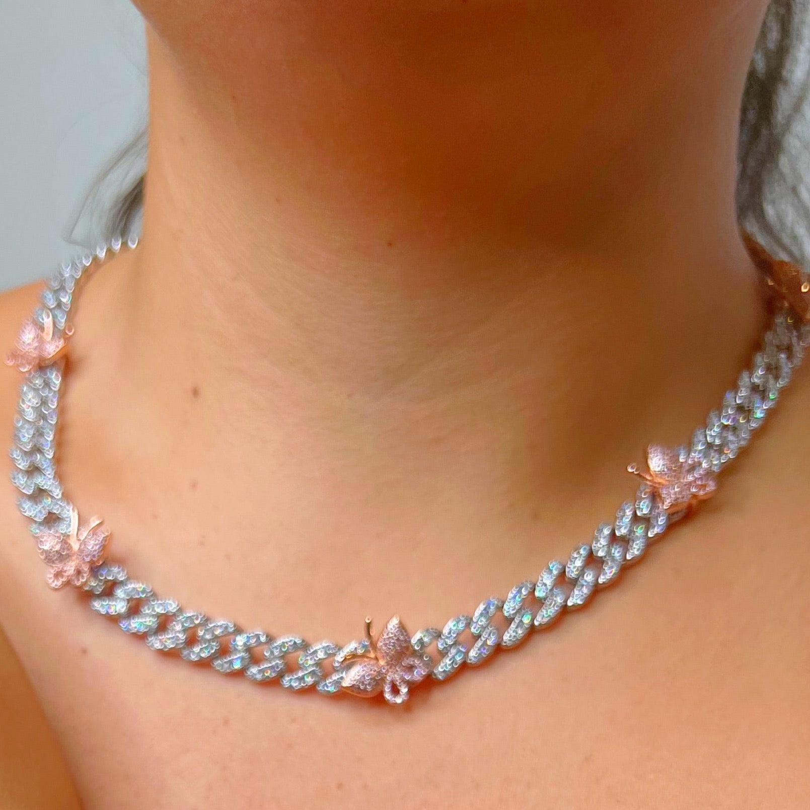 Silver and Rose Gold Butterfly Cuban Necklace