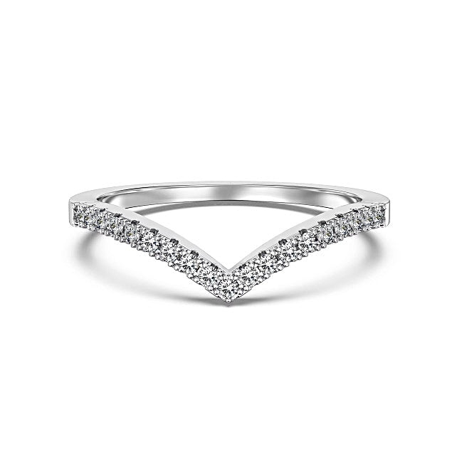 Angelina V-shaped pavé band ring in rhodium-plated sterling silver with cubic zirconia, modern contour stacking ring.